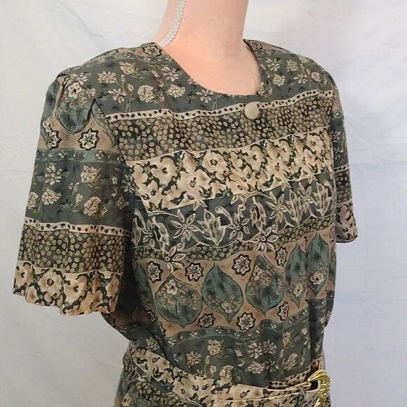 VTG 80s Green Floral Print Belted Pleated Midi Dress Size 16 *Fits like Large - Picture 10 of 17